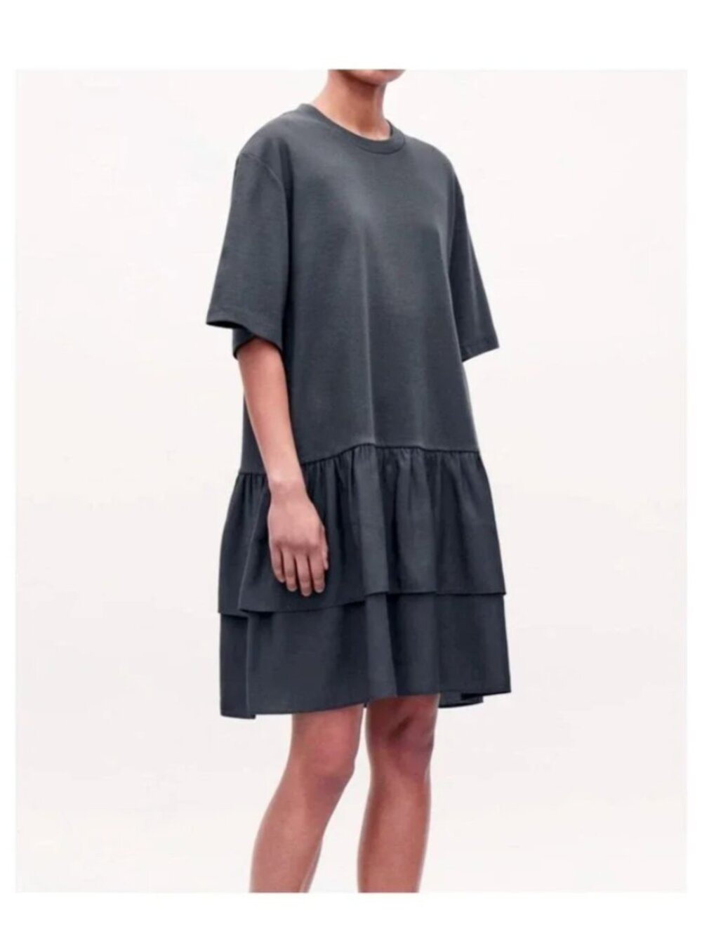 COS Oversized Gray Tiered Ruffle Hem Cotton T-Shirt Dress